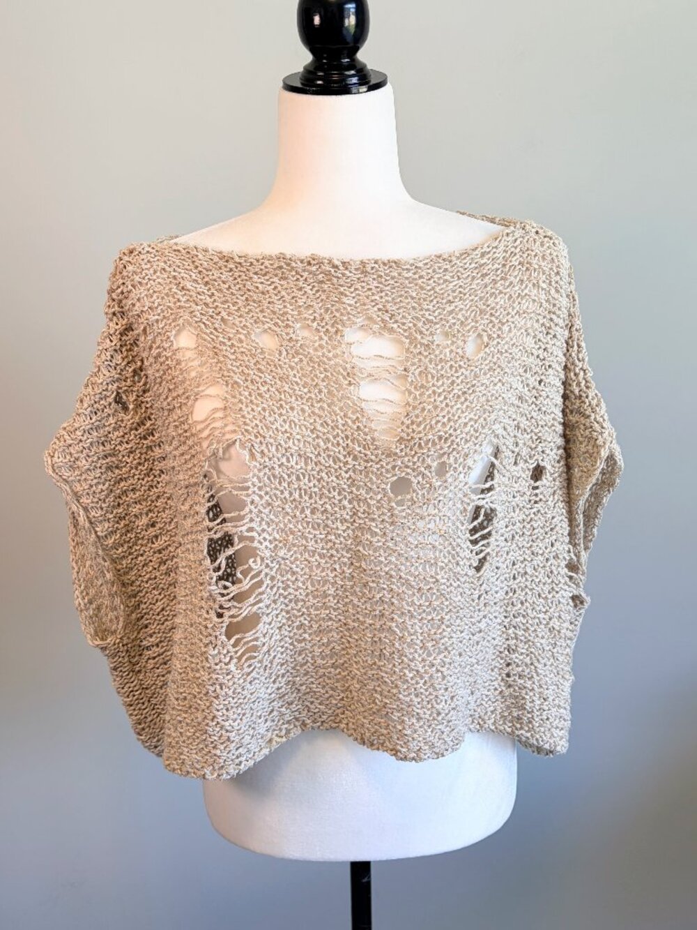 Sarah Pacini Open Knit Sweater Distressed Dolman Avant Garde Fishnet Beige OS